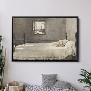 Affiche Andrew Wyeth, impression de la chambre principale, chambre principale par Andrew Wyeth chien sur le lit, art du sommeil, décoration murale en toile de coton de haute qualité