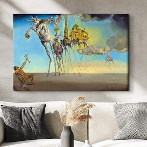 May include: A surrealist painting by Salvador Dalí depicting a white horse with long, spindly legs walking on clouds. A man in the foreground holds a cross and looks up at the horse. The painting is set against a blue sky with white clouds.