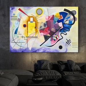 Lienzo amarillo, rojo y azul de Wassily Kandinsky, decoración de pared de vidrio de Wassily Kandinsky, impresión de arte de pared abstracto, póster de arte expresionista, arte de vidrio