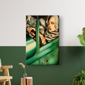 Uiterst zeldzame poster Tamara de Lempicka autoportrait, Lempicka-print, decor autowinkel, groene auto, poster auto en vrouw, Tamara Glass