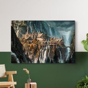 Rivendell Poster, Der Herr der Ringe Kunst, Schloss Druck, Rivendell LOTR Leinwand, gerahmt Film Leinwand, Fantasy Wandkunst, hochwertiger Druck