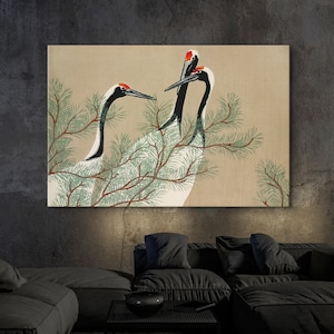 Grúas de Momoyogusa Flores de cien generaciones de Kamisaka Sekka Pinturas, póster de pájaros vintage, impresión en lienzo de amistad animal