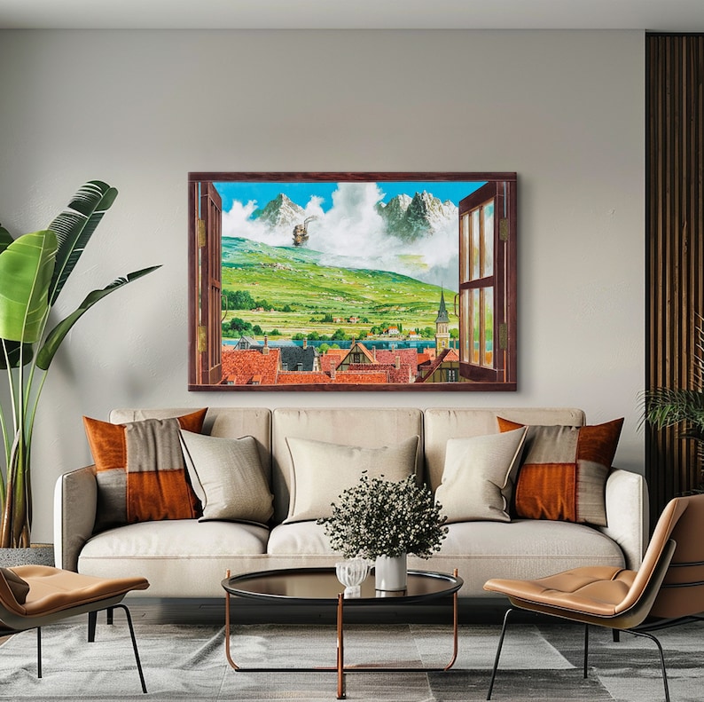 May include: A painting of a window view with a small town and mountains in the distance. The window is framed in wood and has a white background. The town is made up of small, colorful houses with red roofs. The mountains are covered in snow and are in the background of the painting.