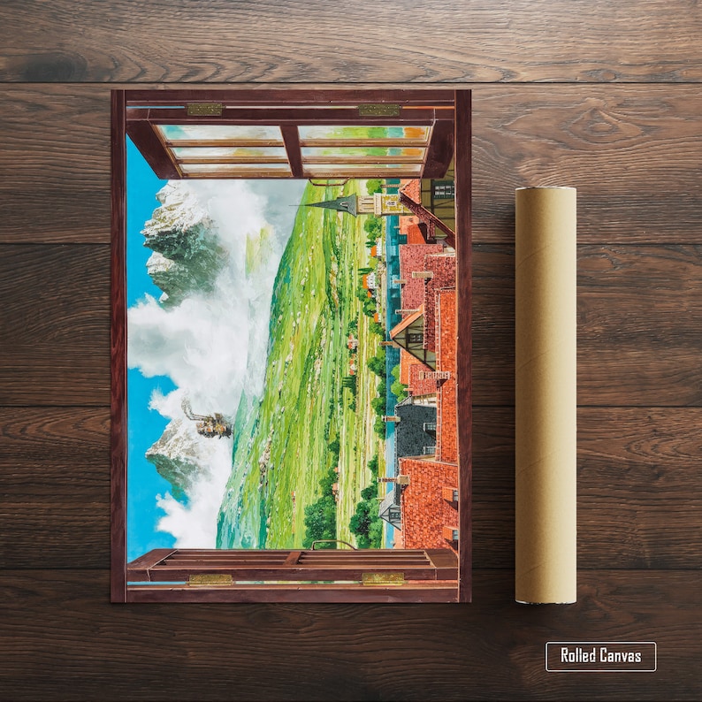 May include: A painting of a mountain landscape viewed through an open window. The window frame is brown wood and the scene outside is a green valley with a small town in the distance. The mountains are snow-capped and the sky is blue with white clouds.