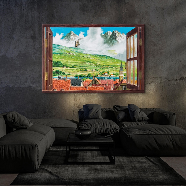 May include: A painting of a window with a view of a small town nestled in a valley with mountains in the background. The window is open and the view is framed by a wooden frame.