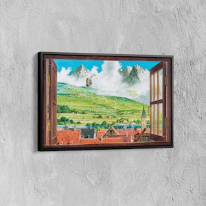 May include: A framed painting of a window view with a small town in the distance. The town is nestled in a valley with mountains in the background. A flying airship is visible in the sky. The window frame is dark brown wood.