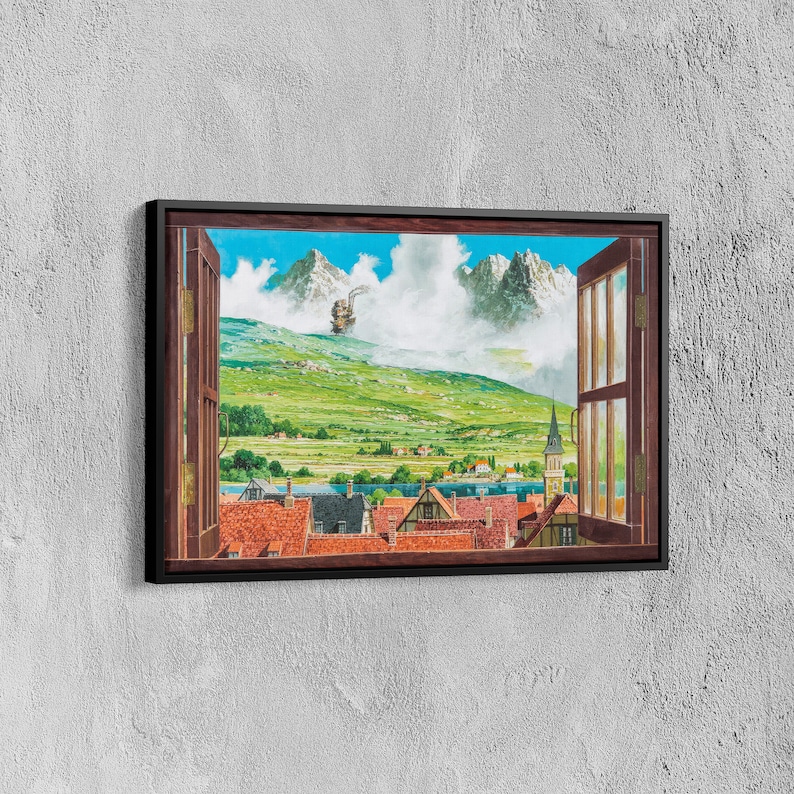 May include: A framed painting of a window view with a small town in the distance. The town is nestled in a valley with mountains in the background. A flying airship is visible in the sky. The window frame is dark brown wood.