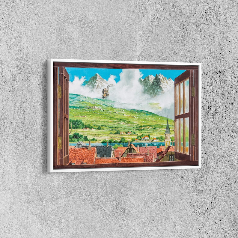 May include: A framed print of a window view with a mountain range in the distance, a small town in the foreground, and a flying machine in the sky. The window is open and the view is framed by a wooden window frame.