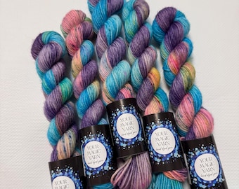 Galaxy Dreams Mini Skeins, Hand Dyed Sock Yarn, Pastel Rainbow & Violet Speckled Minis, 80m/20g Fingering Weight Yarn for Knitting