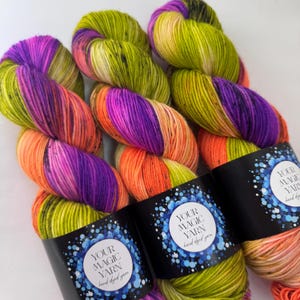 Hand Dyed Speckled Yarn, Neon Green, Purple, Orange, Pink, Fingering Weight Merino Nylon Yarn, Indie Dyed Skein for Knitting and Crochet