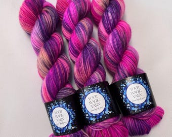 Neon Berry Hand Dyed 6 Ply Sock Yarn, Variegated Fuchsia and Purple Merino Nylon Blend, Multicolored Sport Weight Skein for Cozy Sweaters