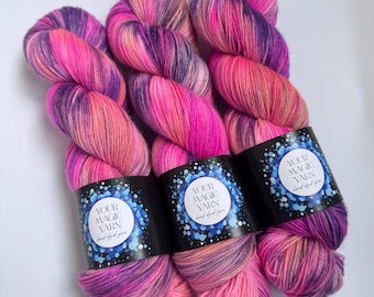Hand Dyed Rainbow Yarn, Speckled Fingering Weight 80/20 Merino Nylon,  Pink, Purple & Peach Yarn for Knitting, Colorful Indie Dyed Sock
