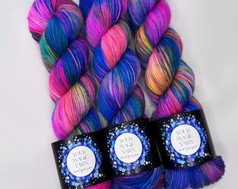 Cosmic Galaxy Hand Dyed 6 Ply Sock Yarn, Variegated Electric Blue and Pink Merino Nylon Blend, Sport Weight Wool for Cozy Sweaters