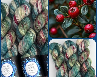 Lingonberry Forest handfärgat sockgarn, 80/20 merino nylon fingertjocklek, botaniskt grönt och bärspräckligt garn för stickning av sockor