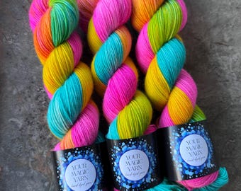 Neon Rainbow Hand Dyed Sock Yarn, 80/20 Merino Nylon Fingering Weight, Bright Pink Yellow Aque Wool, Colorful Yarn Skein for Knitting Croche