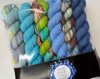 Ocean Blue Hand Dyed Mini Skeins Set, Fingering Weight Sock Yarn, Blue Green Speckled Gradient Pack, Striped socks, Magic Handpainted Yarn