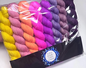 Set med 8 mininystan av 20 g sockgarn, fingertjocklek, sockgarn, ljust mininystan garnset, handfärgad merinoull neonregnbåge, för stickning