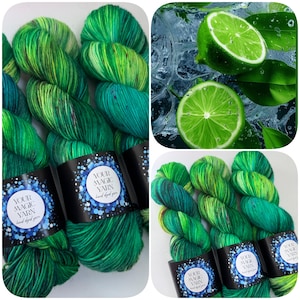 Hand Dyed Yarn – Speckled Lime Green and Teal – 80/20 Merino Nylon Fingering Weight – Indie Dyed Sock Yarn for Knitting and Crochet