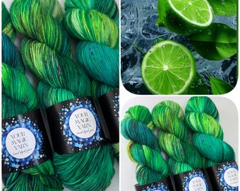 Hand Dyed Yarn – Speckled Lime Green and Teal – 80/20 Merino Nylon Fingering Weight – Indie Dyed Sock Yarn for Knitting and Crochet