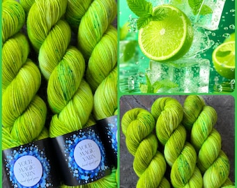 Hand Dyed Sock Yarn,  Bright Neon Lime Green Merino Nylon Fingering Yarn, Mojito Speckled Wool Skein for Knitting Crocheting, 400m/100g