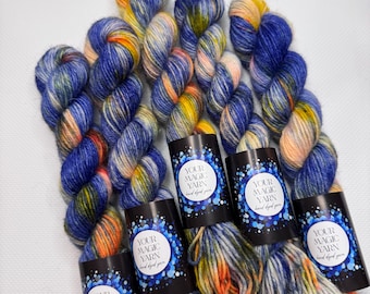 Galaxy Dreams Mini Skeins, Hand Dyed Sock Yarn, Blue and Yellow Speckled Minis, 80m/20g Fingering Weight Yarn for Knitting, indie yarn