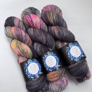 Hand Dyed Yarn, Speckled Variegated Yarn in Gray, Neon Pink, Yellow & Green, Fingering Weight Merino Nylon, Indie Dyed Yarn for Socks Shawls