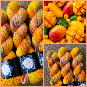 May include: Three skeins of hand-dyed yarn featuring a vibrant blend of yellow, orange, and purple speckles. Each skein is wrapped in a black paper label with a blue circular graphic and the text Your Magic Yarn hand dyed yarn.
