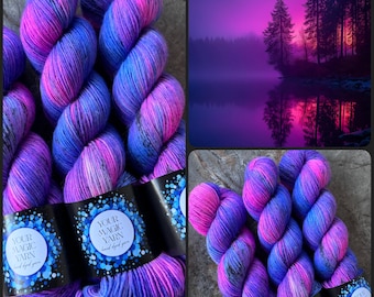 Hand Dyed Sock Yarn, Purple Pink Merino Yarn, Fingering Weight Wool, Sock Knitting Yarn 80/20, Hand Dyed Skein for Socks Shawls
