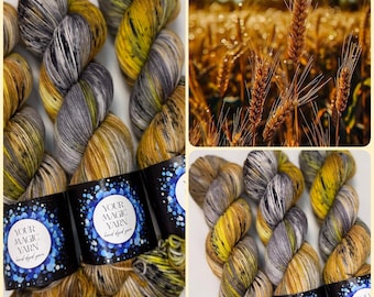Wheat Field Hand Dyed Yarn, Gold and Gray Variegated Wool, Speckled Sock Yarn for Knitting and Crocheting for Shawls, soft indie dyed yarn