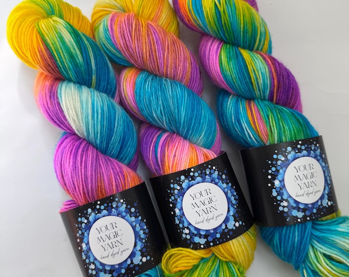 Hand Dyed Rainbow Yarn, Speckled Fingering Weight 80/20 Merino Nylon, Bright Neon Yarn for Knitting, Colorful Indie Dyed Sock yarn