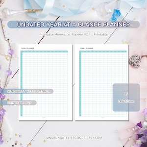 May include: A minimalist year planner with a grid layout, featuring the text "UNDATED YEAR AT A GLANCE PLANNER" and "Printable Minimalist Planner PDF | Printable." The planner is A5 size, measuring 148x210mm. The Etsy shop name is visible at the bottom.
