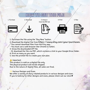 Puede incluir: Infograf&iacute;a "C&Oacute;MO OBTENER EL ARCHIVO" con pasos numerados e iconos. Instrucciones para comprar, descargar, descomprimir, imprimir y planificar. El texto explica la naturaleza digital del archivo y las ventas finales. Tambi&eacute;n se mencionan varios dise&ntilde;os y tama&ntilde;os.