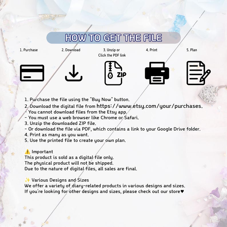 Puede incluir: Infograf&iacute;a "C&Oacute;MO OBTENER EL ARCHIVO" con pasos numerados e iconos. Instrucciones para comprar, descargar, descomprimir, imprimir y planificar. El texto explica la naturaleza digital del archivo y las ventas finales. Tambi&eacute;n se mencionan varios dise&ntilde;os y tama&ntilde;os.