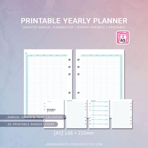 Yearly Planner Printable PDF Annual Planner A5 Planner Insert Undated Year Calendar Annual Goal Planner Minimal Planner Printable