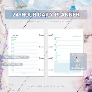May include: A white 24-hour daily planner with a time table layout. The planner includes sections for main tasks, other tasks, and memos. The planner is a printable PDF and is sized at 3x4 inches (76.2x101.6mm).