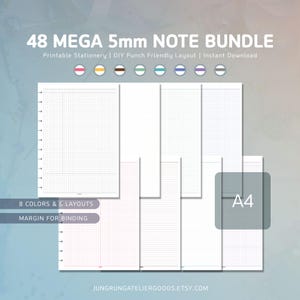 Paquete de 48 hojas de papel rayado imprimibles, 8 colores, insertos para tomar notas A4, cuadrícula de puntos de 5 mm, diseños Cornell con margen de encuadernación y marcas de corte incluidas.