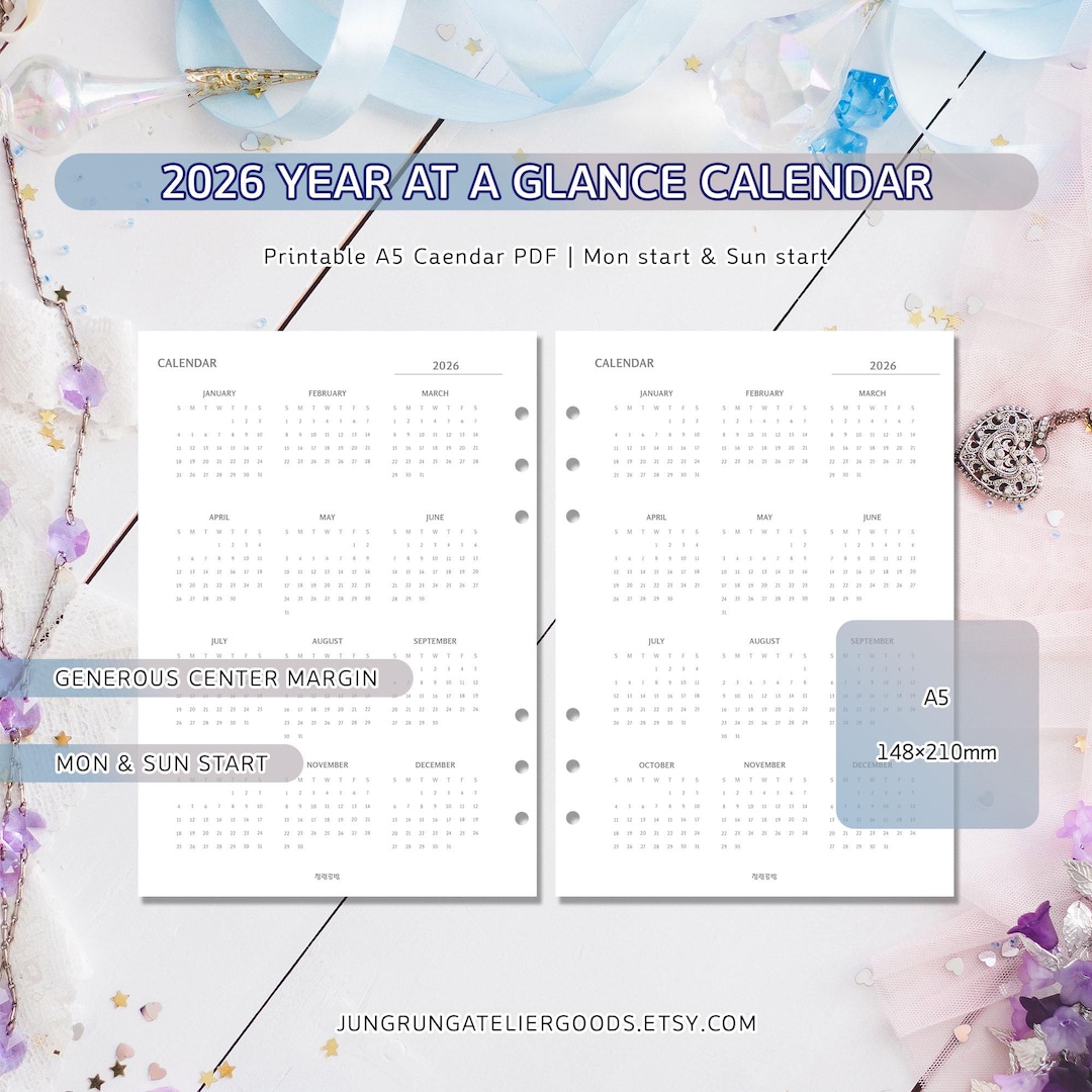 2026 A5 Printable Minimalist Calendar | Yearly One Page | Sunday Start ...