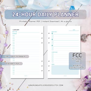 May include: A 24-hour daily planner in PDF format. The planner includes sections for time, tasks, and memos. The size is 107.95 x 171.45 mm. The text on the planner reads "24-HOUR DAILY PLANNER" and "Printable Planner PDF | Instant Download | At a glance."