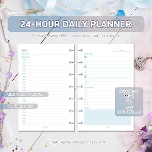 May include: A 24-hour daily planner with a light blue and white design. The planner includes sections for time tables, main tasks, and other tasks. The size is 4.5 x 7 inches.