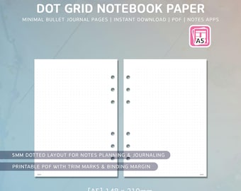 Cuaderno imprimible A5 con cuadrícula de puntos de 5 mm / Papel con cuadrícula de puntos de 5 mm / Insertos para agenda A5 / Cuaderno Bullet Journal / Recambio para carpeta / PDF imprimible