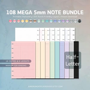 May include: A collection of printable stationery with the text "108 MEGA 5mm NOTE BUNDLE". The image shows various colored note pages, including pink, yellow, and green, with grid and lined layouts. The text "Half-Letter" is also visible.
