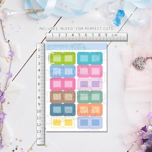 Four sheets of printable rounded square and rectangle index tabs with contrasting borders and practical planner box designs.