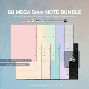 以下が含まれることがあります： ピンク、イエロー、グリーン、ブルーなどのパステルカラーのA5サイズの印刷可能な文房具シートのコレクション。シートには5mmのグリッドと罫線レイアウトがあり、「60 MEGA 5mm NOTE BUNDLE」と「10 COLORS & 6 LAYOUTS」の文字があります。