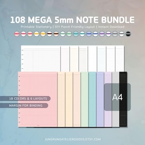 May include: A collection of A4-sized printable note pages in various pastel colors, including pink, yellow, and blue. The image displays 108 mega 5mm note bundles with 18 colors and 6 layouts. The text reads "Printable Stationery | DIY Punch Friendly Layout | Instant Download."