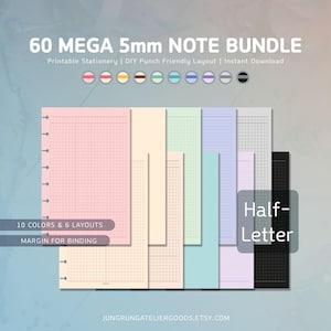 May include: A collection of 60 mega 5mm note sheets in a range of colours, such as pink, beige, green, and blue. Each sheet features a grid pattern and is labelled "Half-Letter". The text reads "60 MEGA 5mm NOTE BUNDLE" and "10 COLORS & 6 LAYOUTS".
