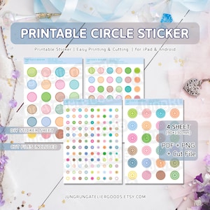 May include: Printable circle sticker sheets with colorful dot designs. The sheets include various sizes and patterns of circles in pastel colors. The text on the image says "Printable Circle Sticker" and "DIY Sticker Sheet". The sticker sheets measure 90x130 mm.