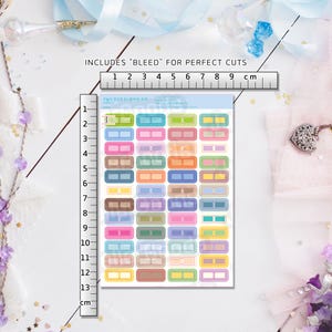 Aesthetic minimalist box tabs for indexing notebooks including SVG cut files and digital PNG formats for Goodnotes planners.