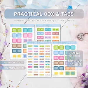 May include: Four sheets of colorful, printable stickers with the text "PRACTICAL BOX & TABS". Each sheet features various rectangular and square designs in shades of green, pink, blue, brown, and orange. The dimensions are 90x130 mm.