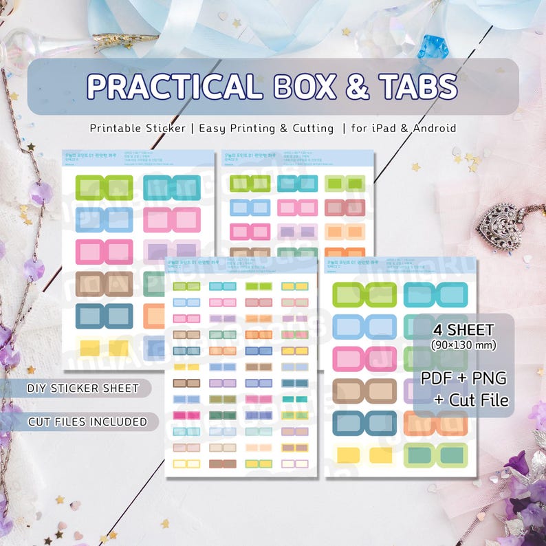 Four sheets of printable rounded square and rectangle index tabs with contrasting borders and practical planner box designs.