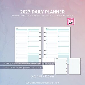 May include: A 2027 daily planner A5 printable binder insert PDF featuring a 24-hour timetable, priority and task sections. The layout includes two main pages with six-hole punches and three smaller blank pages, measuring 148 by 210 mm.